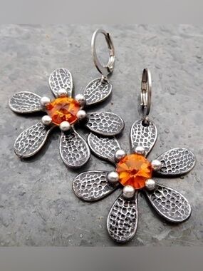 Flower Drop Earrings with Orange Crystal Center